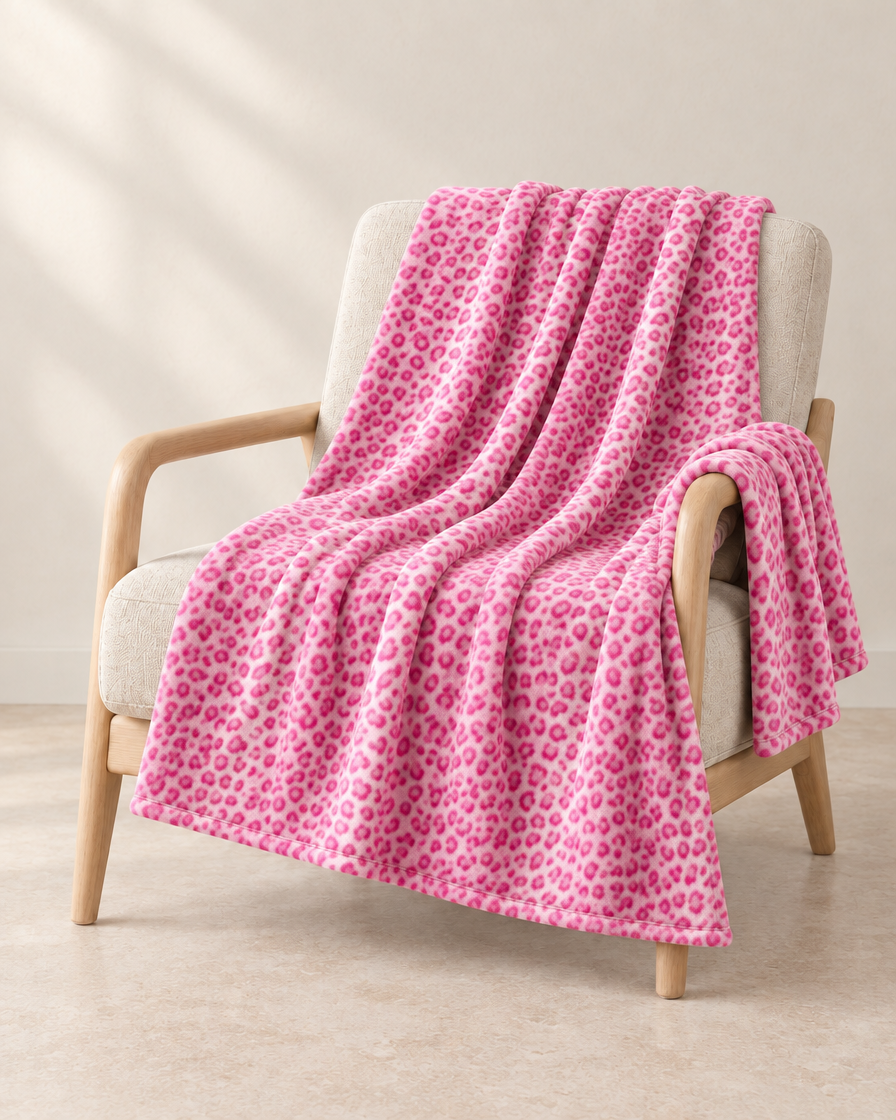 Pink patterned throw draped over an oatmeal linen and pale oak chair
