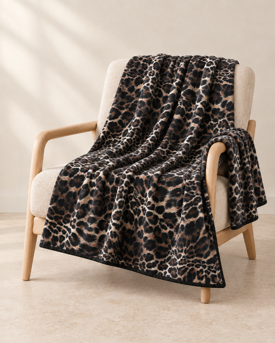 Midnight Leopard patterned throw draped over an oatmeal linen and pale oak chair