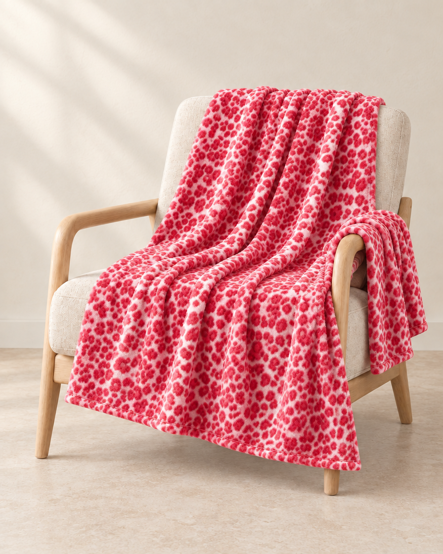 Coral Pink patterned throw draped over an oatmeal linen and pale oak chair