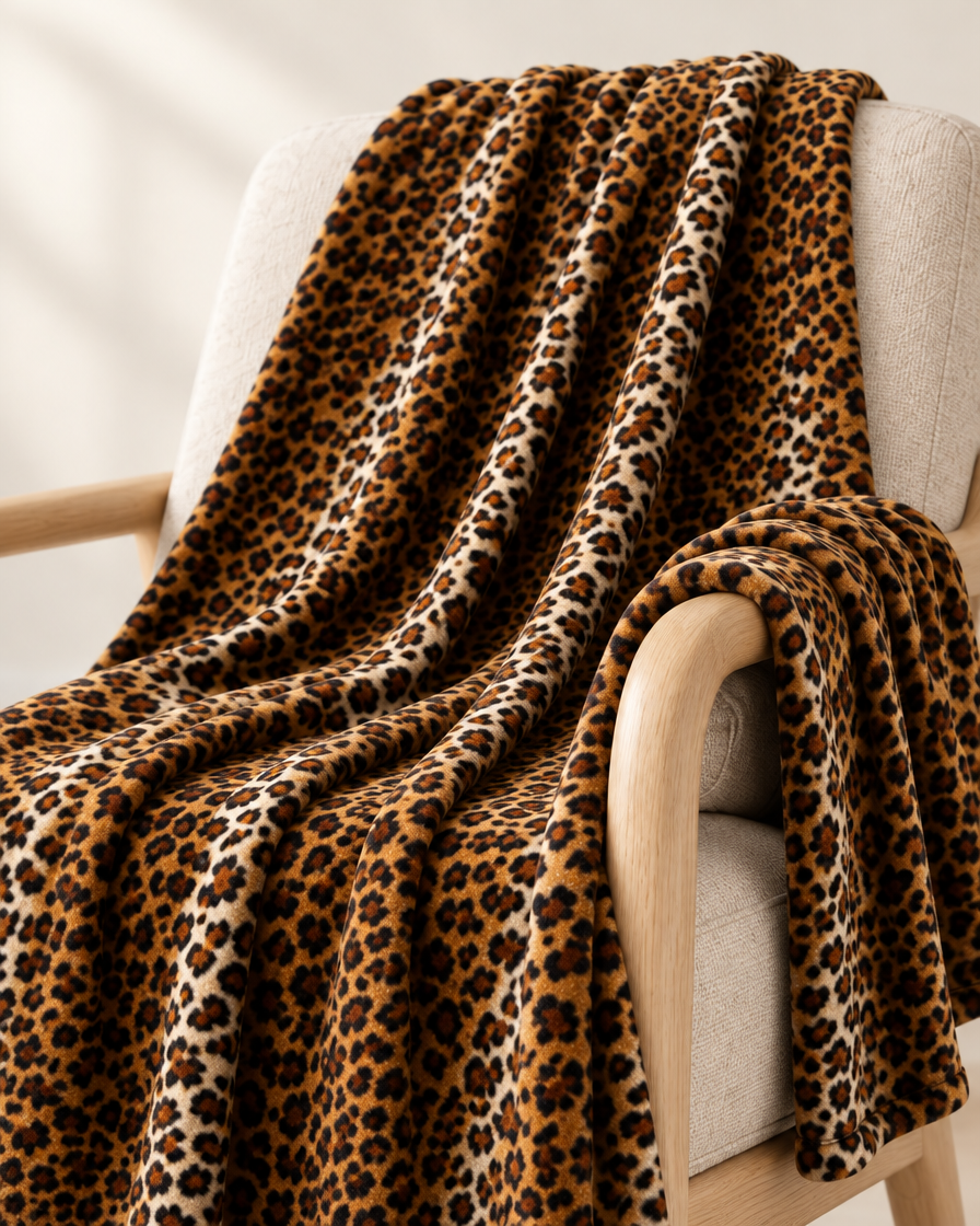 Close view of the Classic Brown leopard throw draped over a pale oak chair arm