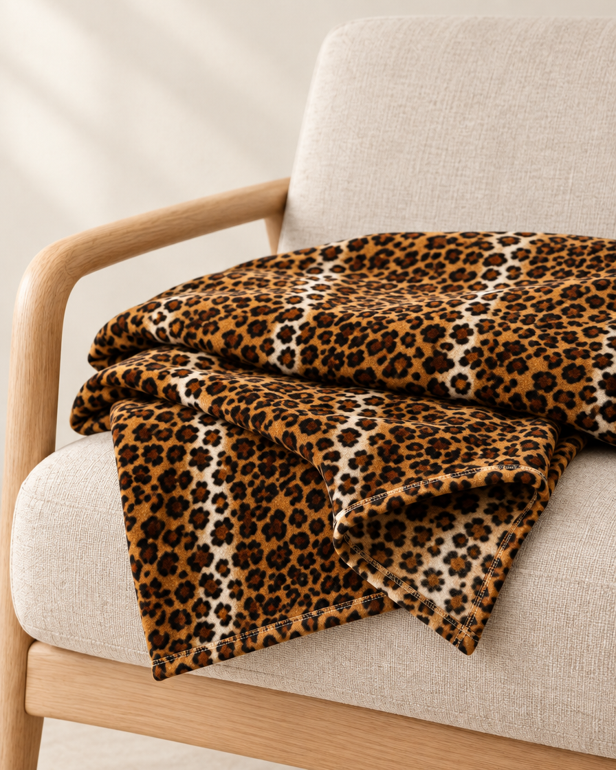 Finished bound edge of the Classic Brown leopard throw folded on an oatmeal chair