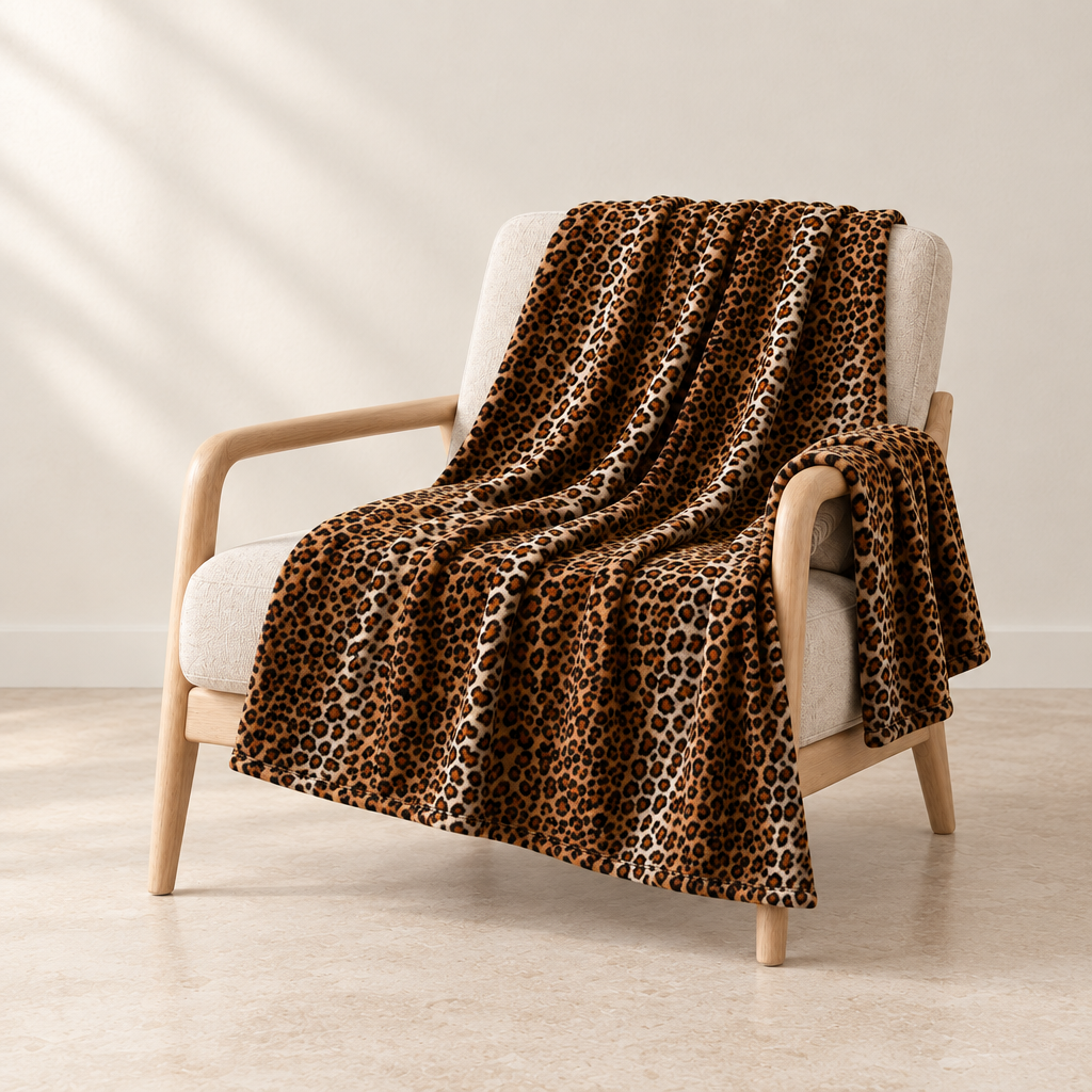 Classic Brown leopard throw draped over an oatmeal linen chair in a calm ivory room