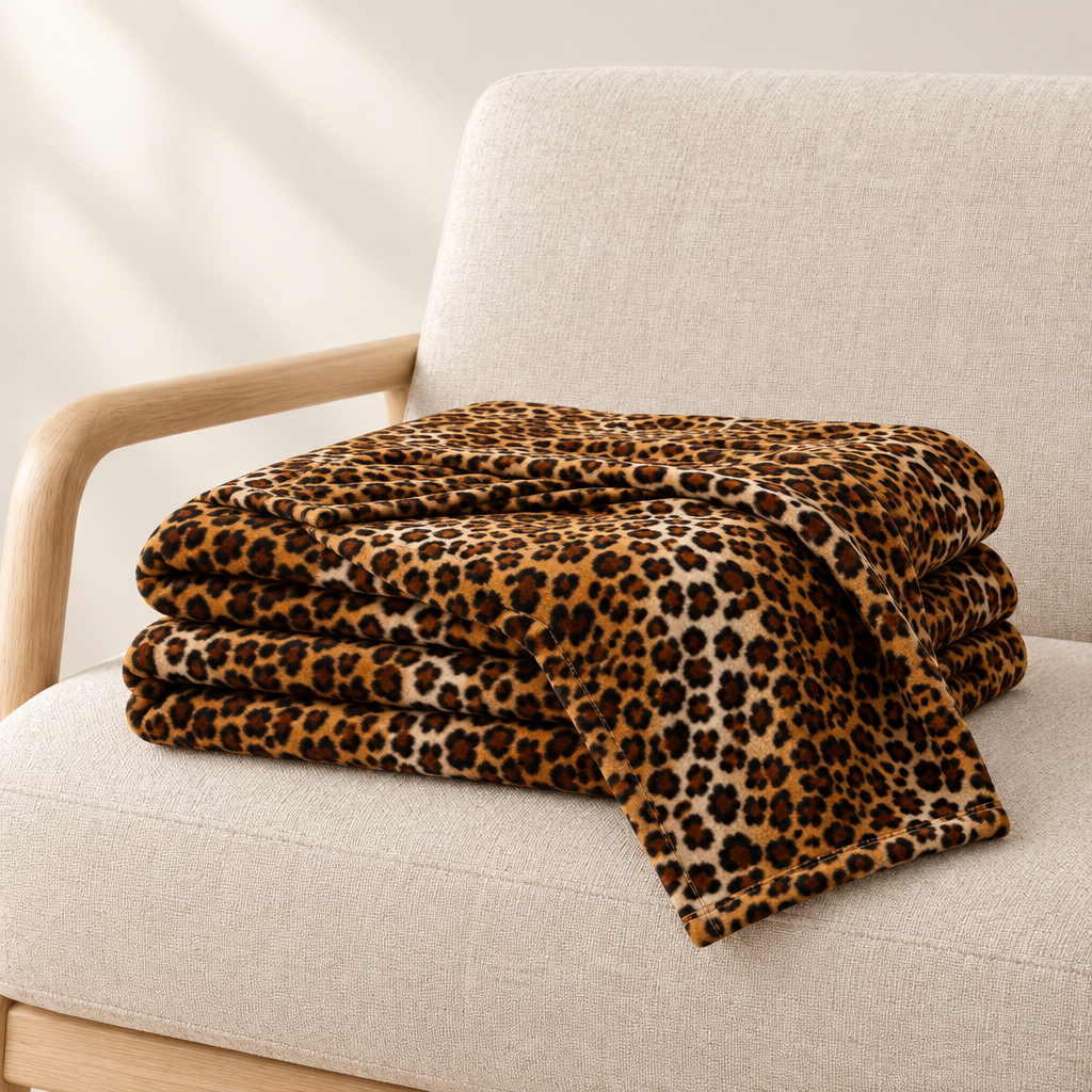 Classic Brown leopard throw neatly folded on an oatmeal linen chair