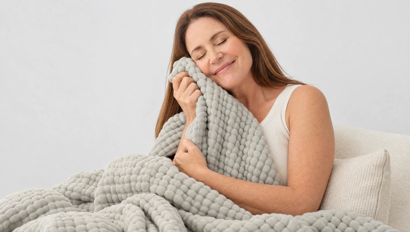 Woman wrapped in a muslin cotton blanket by a window