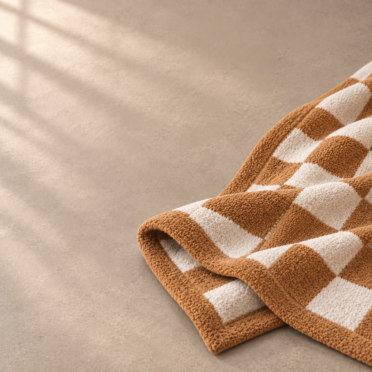 Sand and ivory checkerboard throw folded on a warm taupe surface