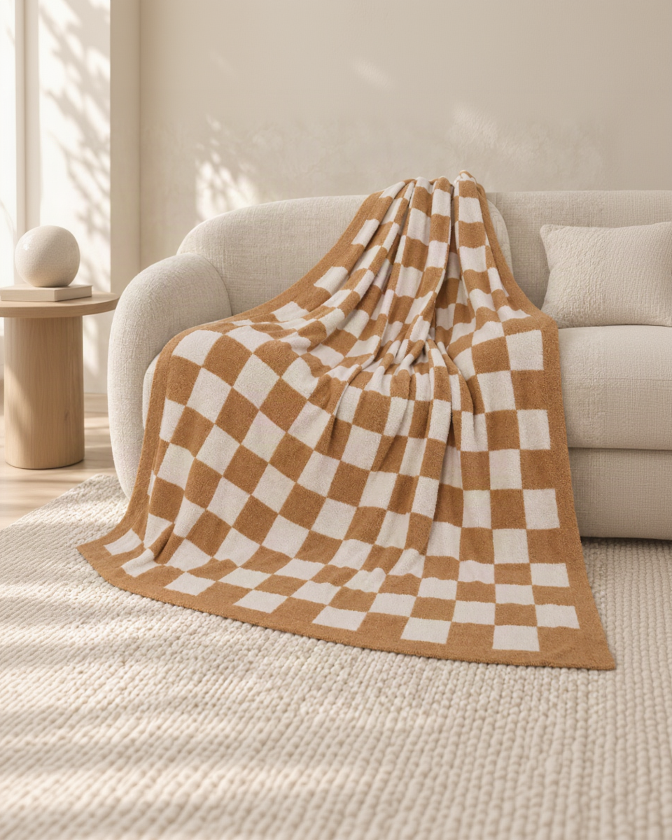 Sand and ivory checkerboard throw on an oatmeal sofa