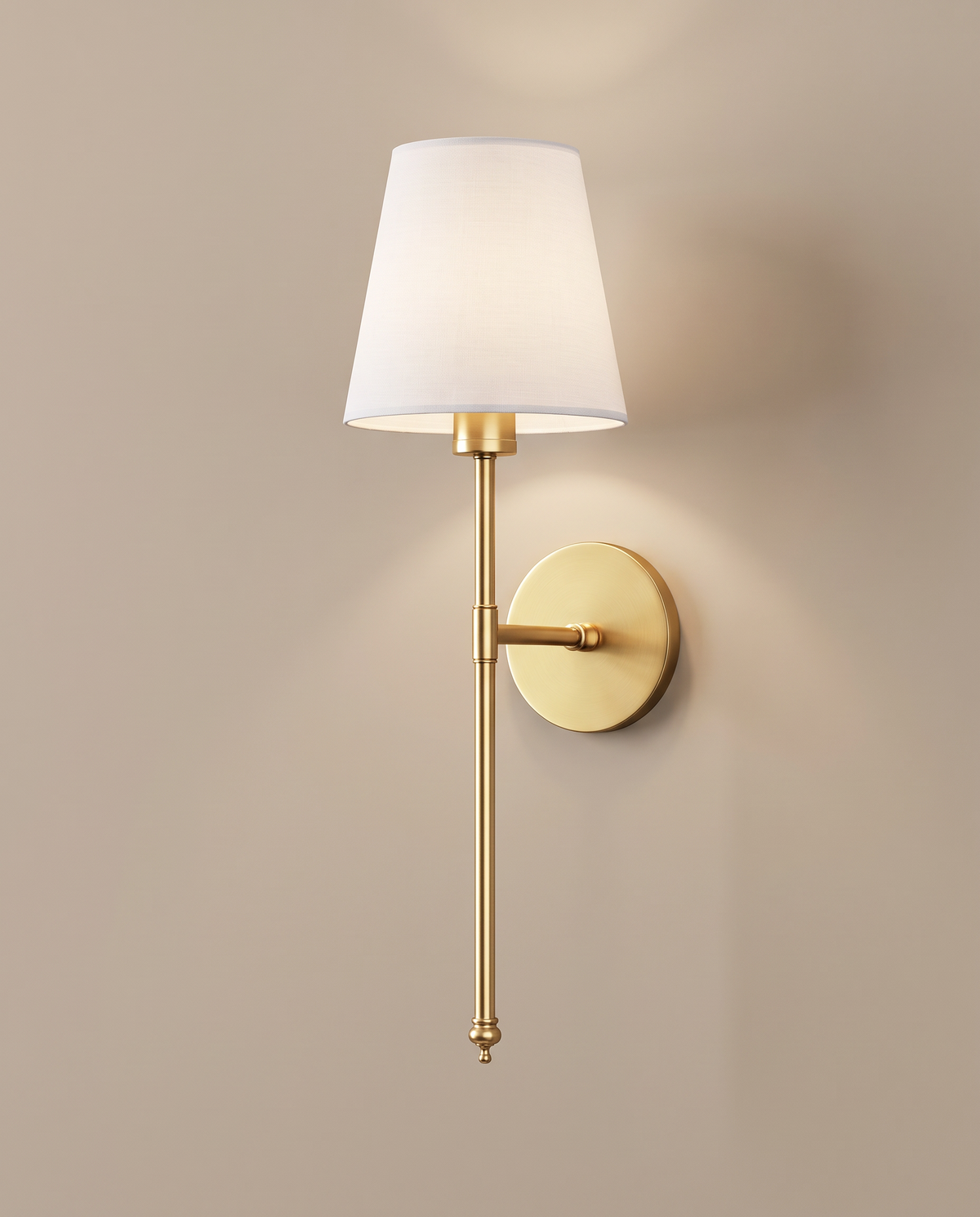 Wireless wall sconce glowing on a warm wall: Gold