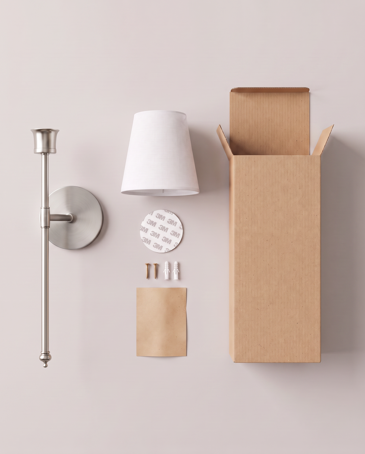 In the box, lamp, shade, adhesive pad, screws, guide (bulb sold separately): Silver