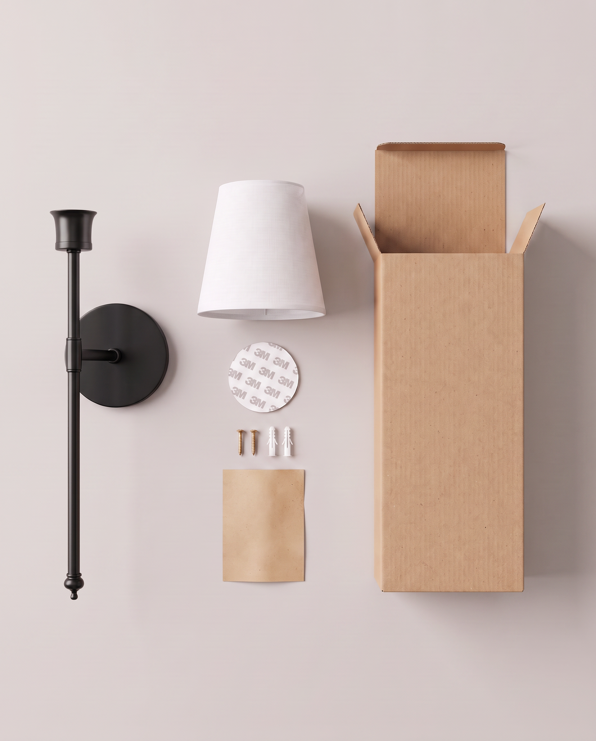 In the box, lamp, shade, adhesive pad, screws, guide (bulb sold separately): Black