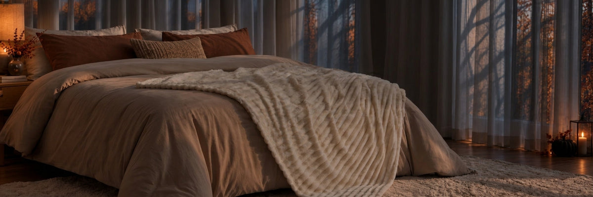 Cream fleece blanket draped over a bed in a cozy autumn bedroom
