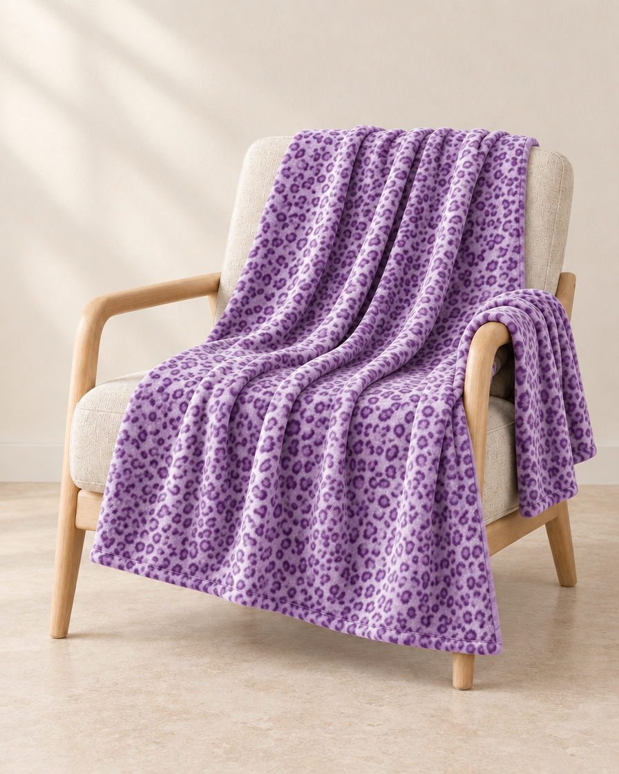 Lavender patterned throw draped over an oatmeal linen and pale oak chair