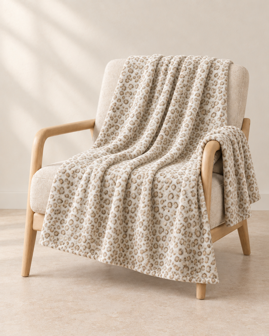 Cream patterned throw draped over an oatmeal linen and pale oak chair