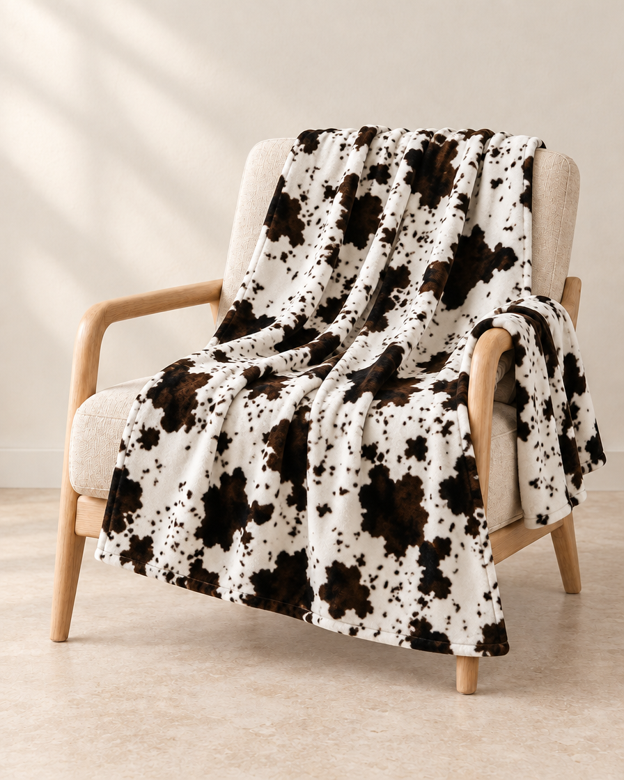 Cow Print patterned throw draped over an oatmeal linen and pale oak chair