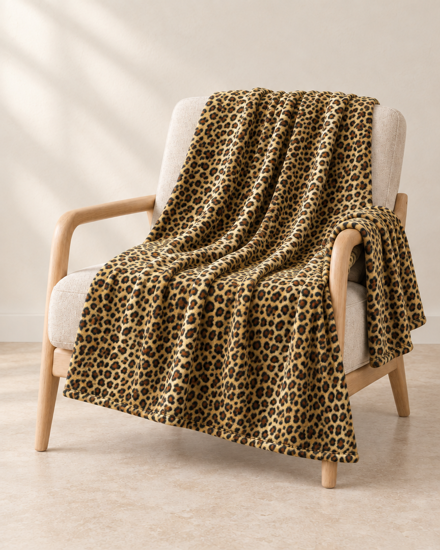 Golden Leopard patterned throw draped over an oatmeal linen and pale oak chair