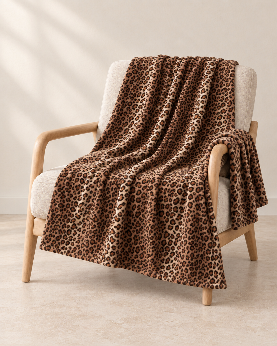 Caramel Leopard patterned throw draped over an oatmeal linen and pale oak chair