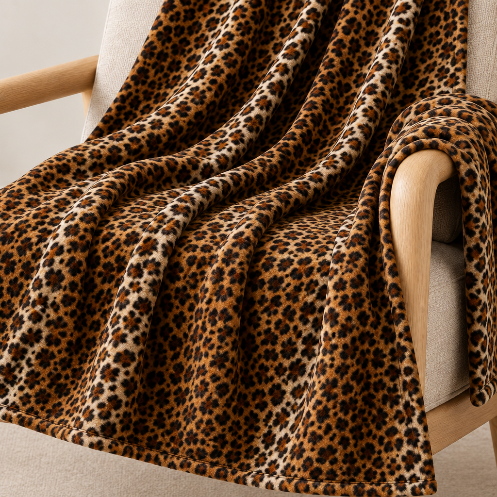 Close detail of the Classic Brown leopard pattern, soft texture and finished edge
