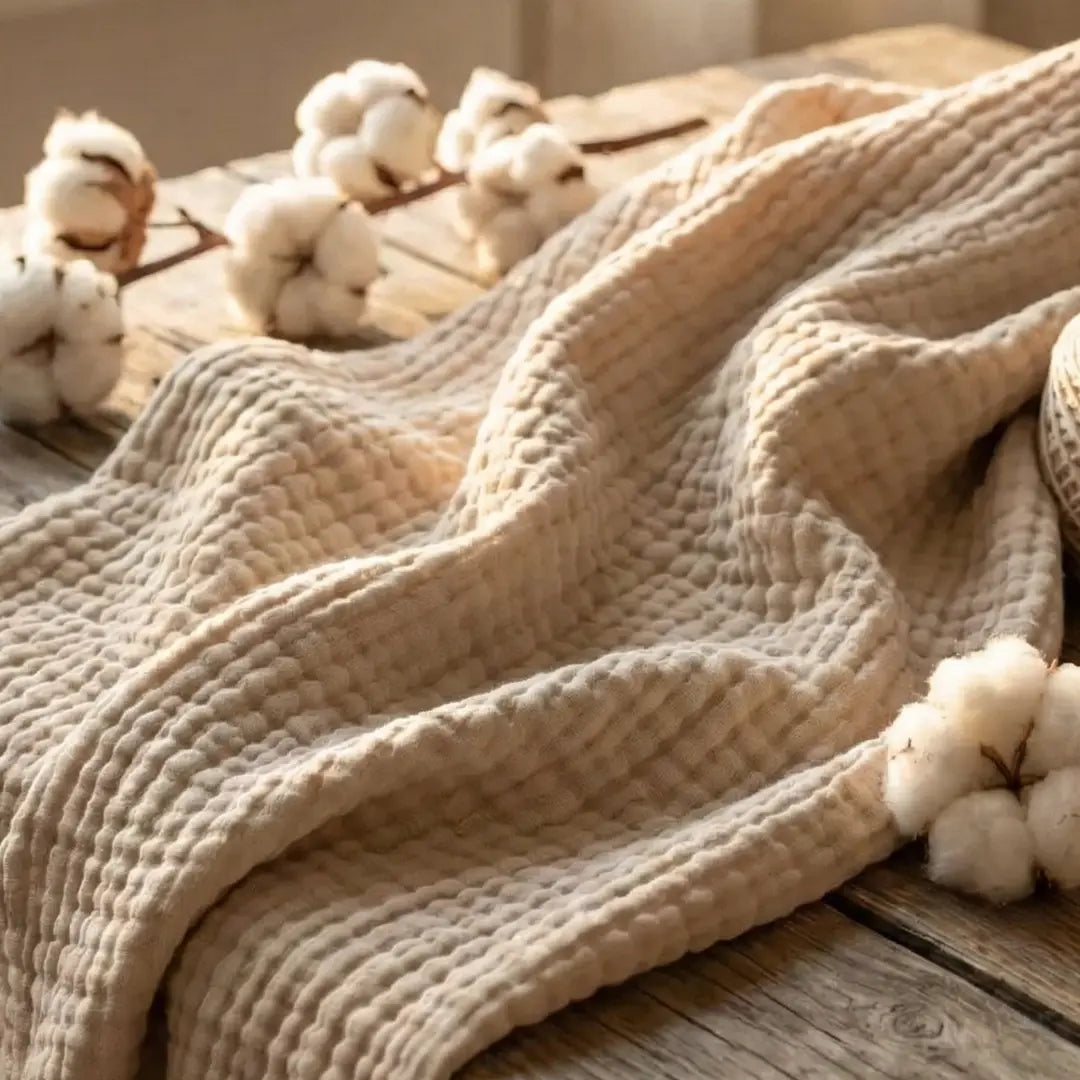 Close-up of the open muslin cotton weave showing its natural breathable texture