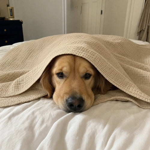 Customer photo: golden retriever peeking out from under the Muslin Blanket in Dune