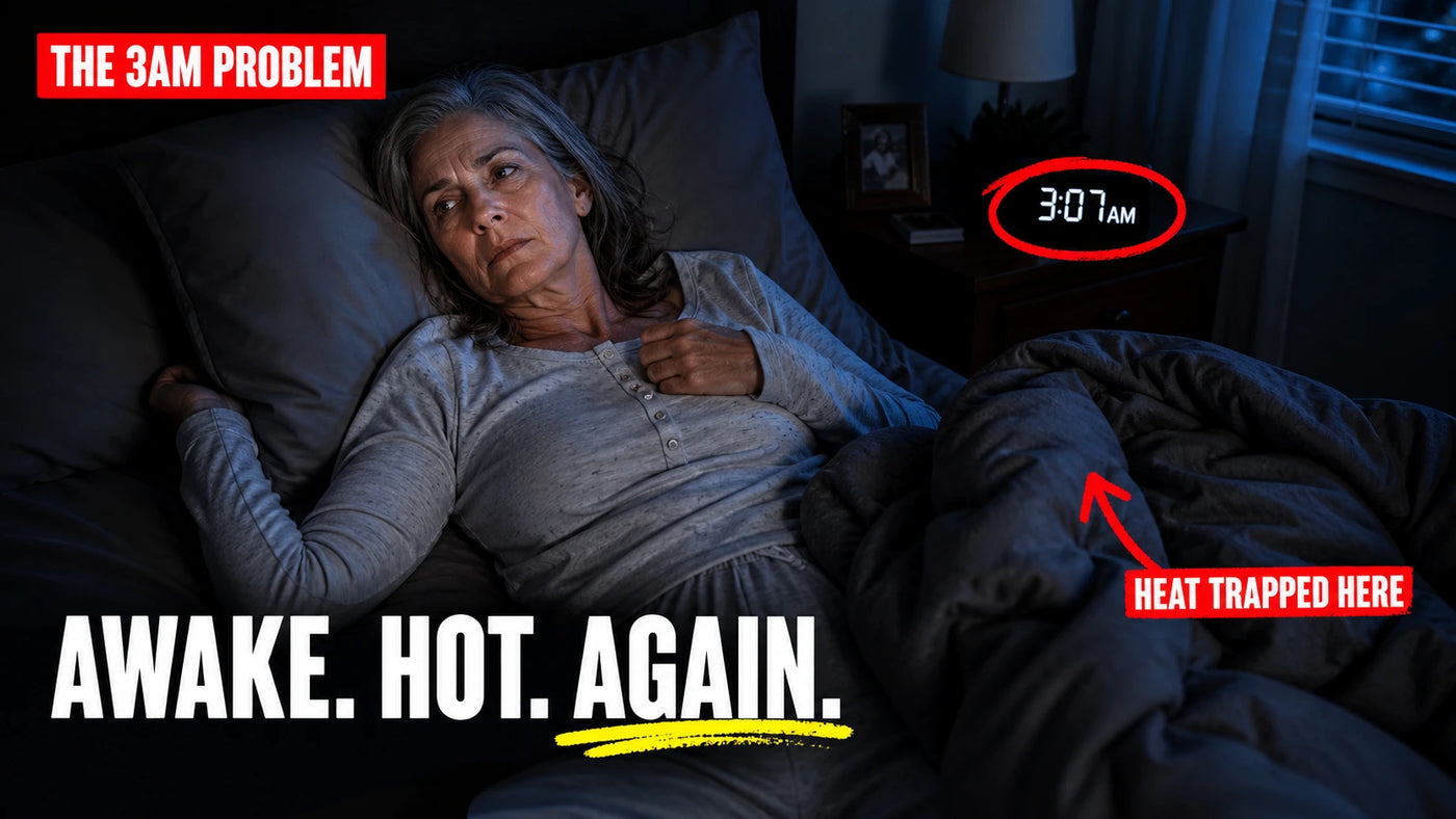 A woman awake in bed beside a clock reading 3:07 AM, with annotations highlighting a thick heat-trapping blanket