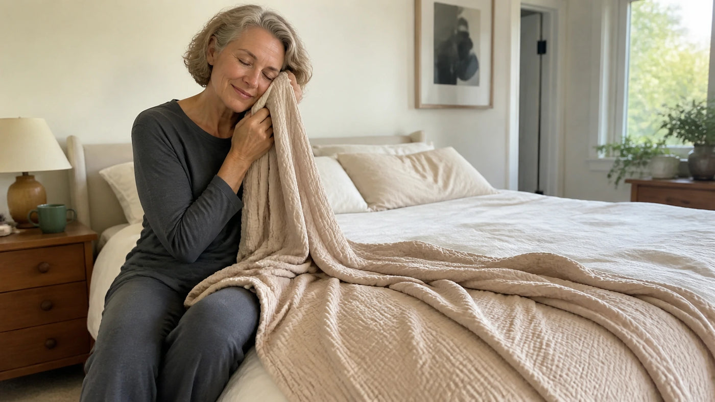 A woman pressing a Dune muslin cotton blanket against her cheek with both hands, eyes closed