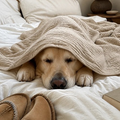 Customer photo: golden retriever peeking out from under the Muslin Blanket in Dune