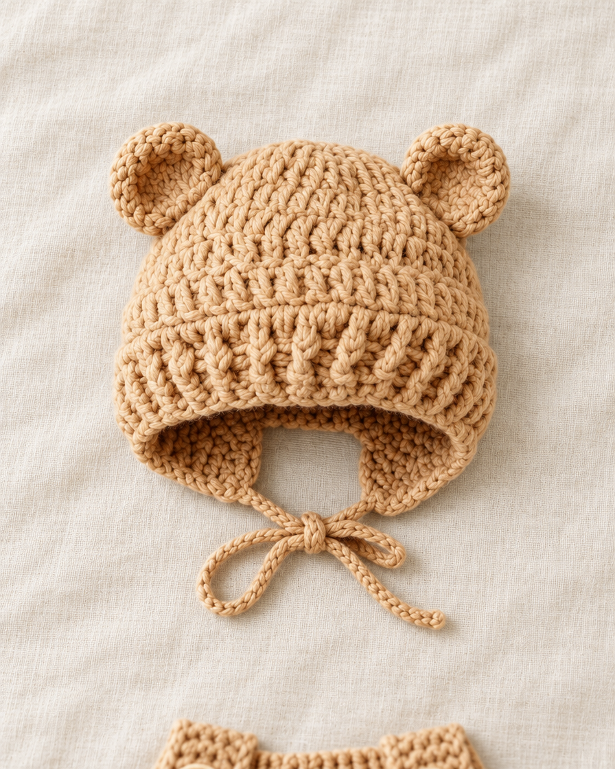 Khaki knitted bear-ear bonnet with chin ties