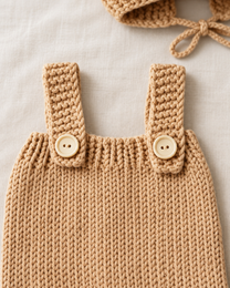 Close-up of the khaki knitted romper and its two cream strap buttons