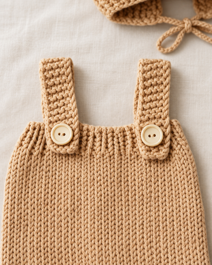 Close-up of the khaki knitted romper and its two cream strap buttons