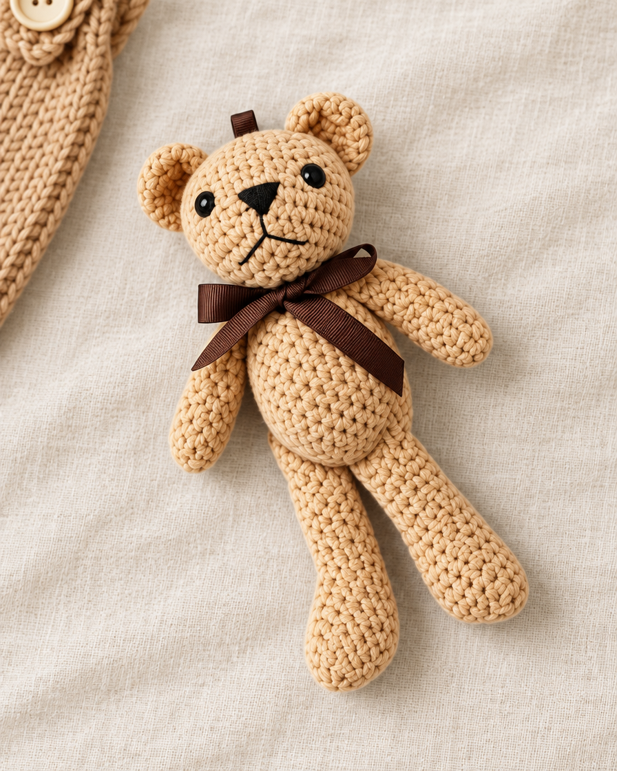 Khaki crocheted teddy with a dark brown ribbon bow