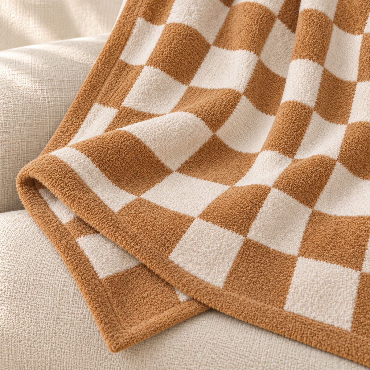 Close view of the sand and ivory checkerboard throw and bound edge