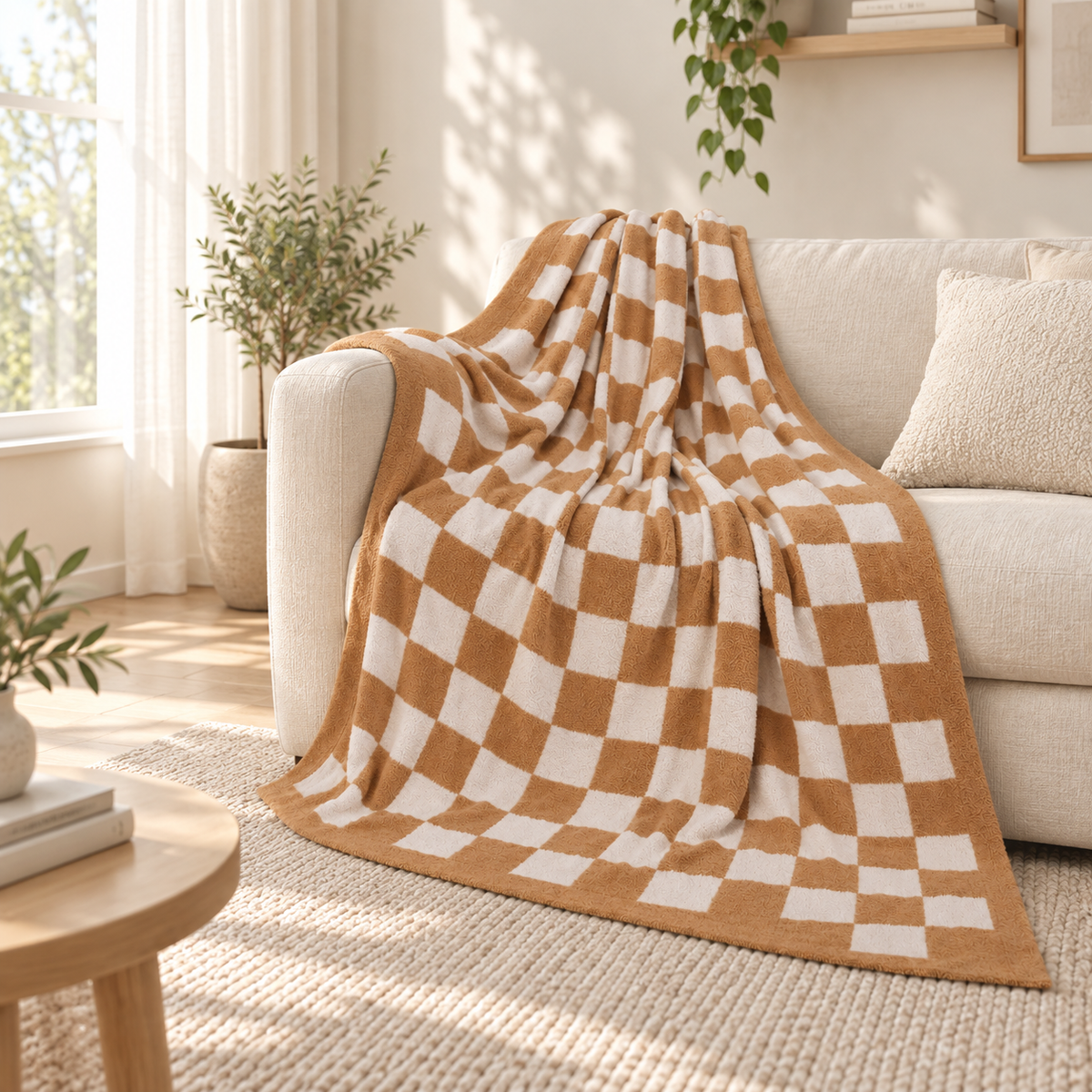 Sand and ivory checkerboard throw draped over a sofa in a light room