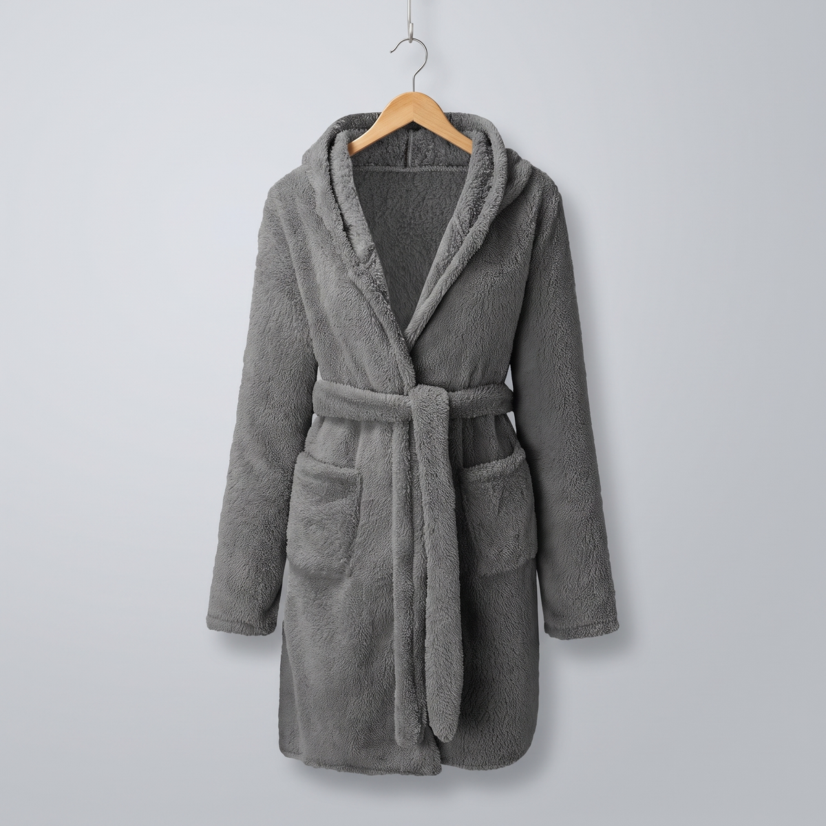 Grey Cloud Plush Robe on wooden hanger against cool grey background