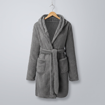Grey Cloud Plush Robe on wooden hanger against cool grey background