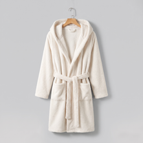 Ivory Cloud Plush Robe on wooden hanger against cool grey background