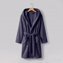 Navy Cloud Plush Robe on wooden hanger against cool grey background