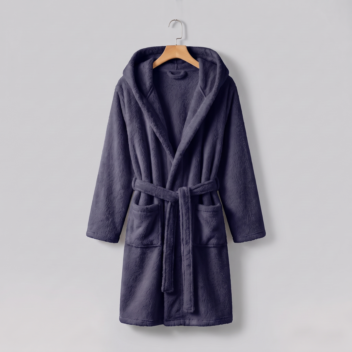 Navy Cloud Plush Robe on wooden hanger against cool grey background