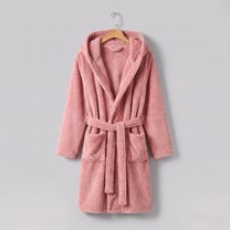 Pink Cloud Plush Robe on wooden hanger against cool grey background