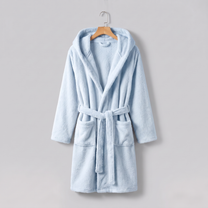 Sky Blue Cloud Plush Robe on wooden hanger against cool grey background