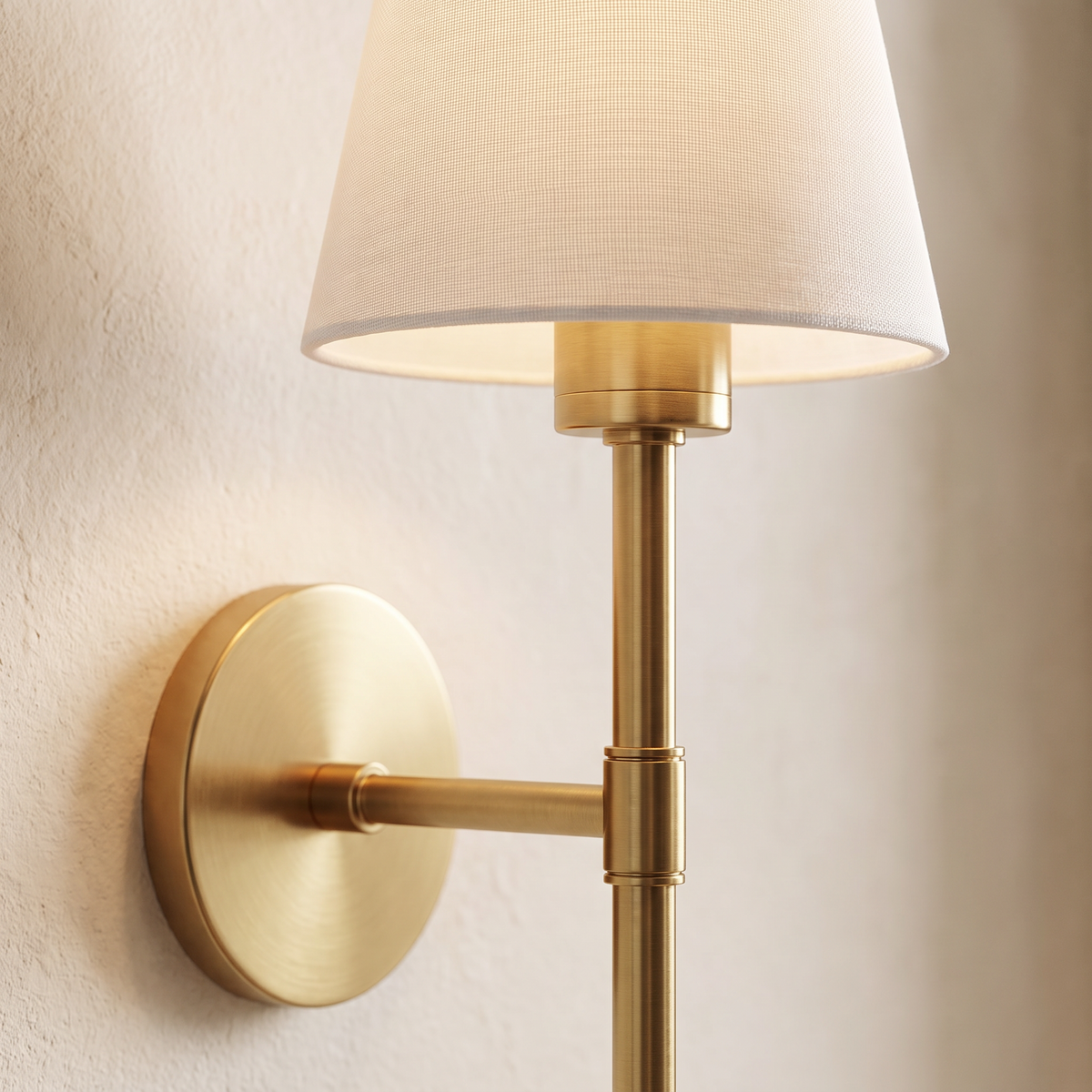 Close-up of the white linen shade, brass rod and wall plate