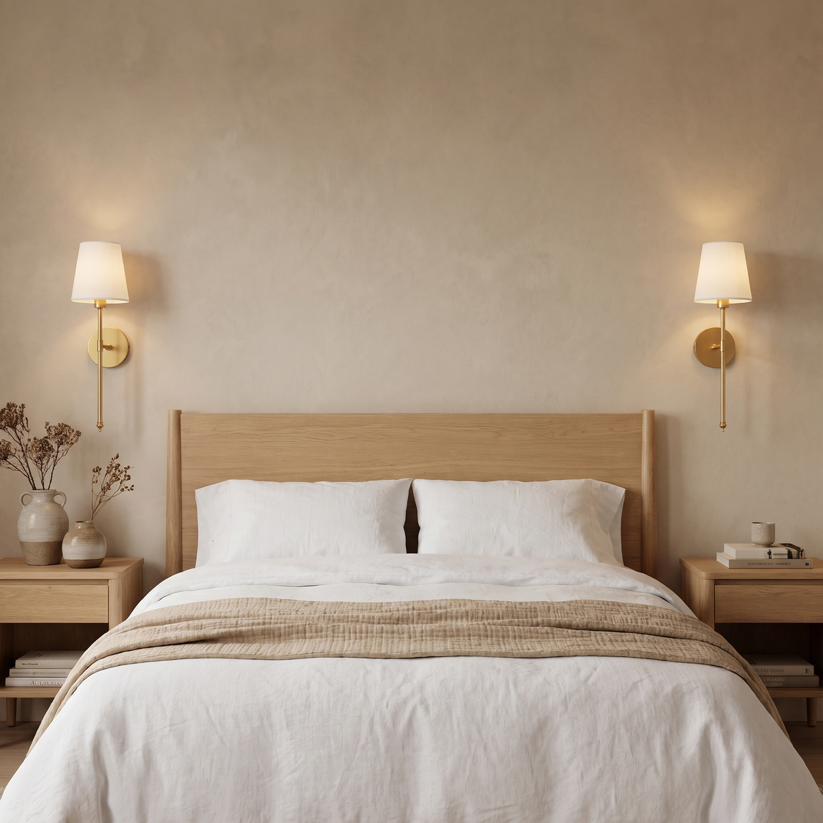 Gold wireless wall sconce beside a bed in a calm neutral bedroom