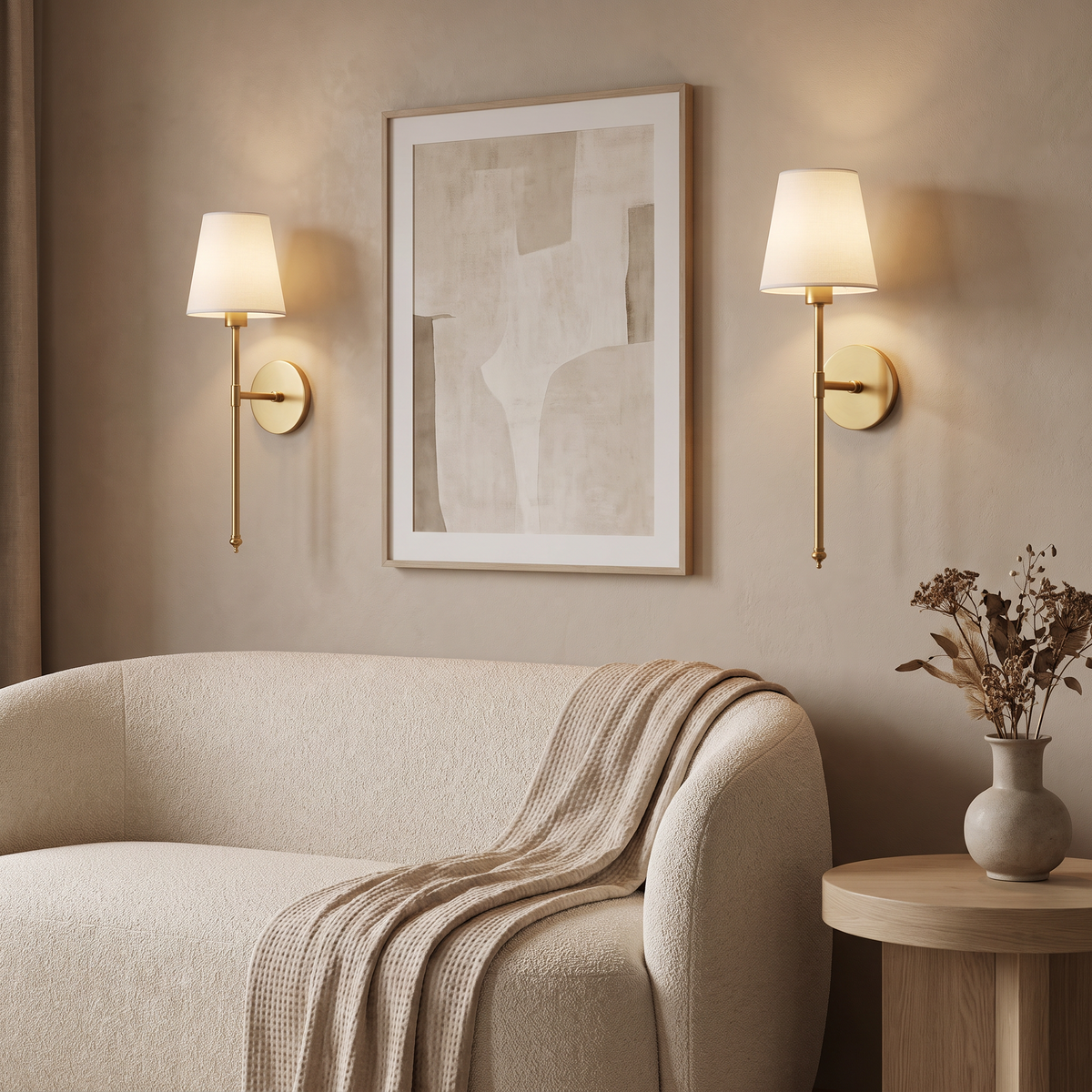 Gold wireless wall sconce above a cream sofa in a cozy living room