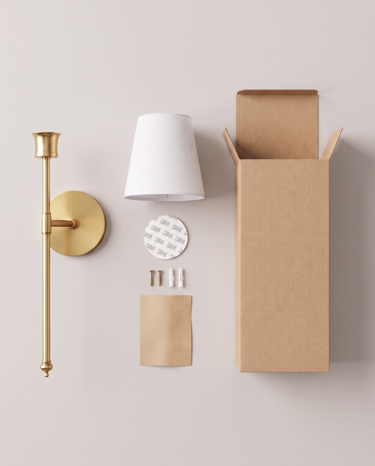 In the box, lamp, shade, adhesive pad, screws, guide (bulb sold separately): Gold