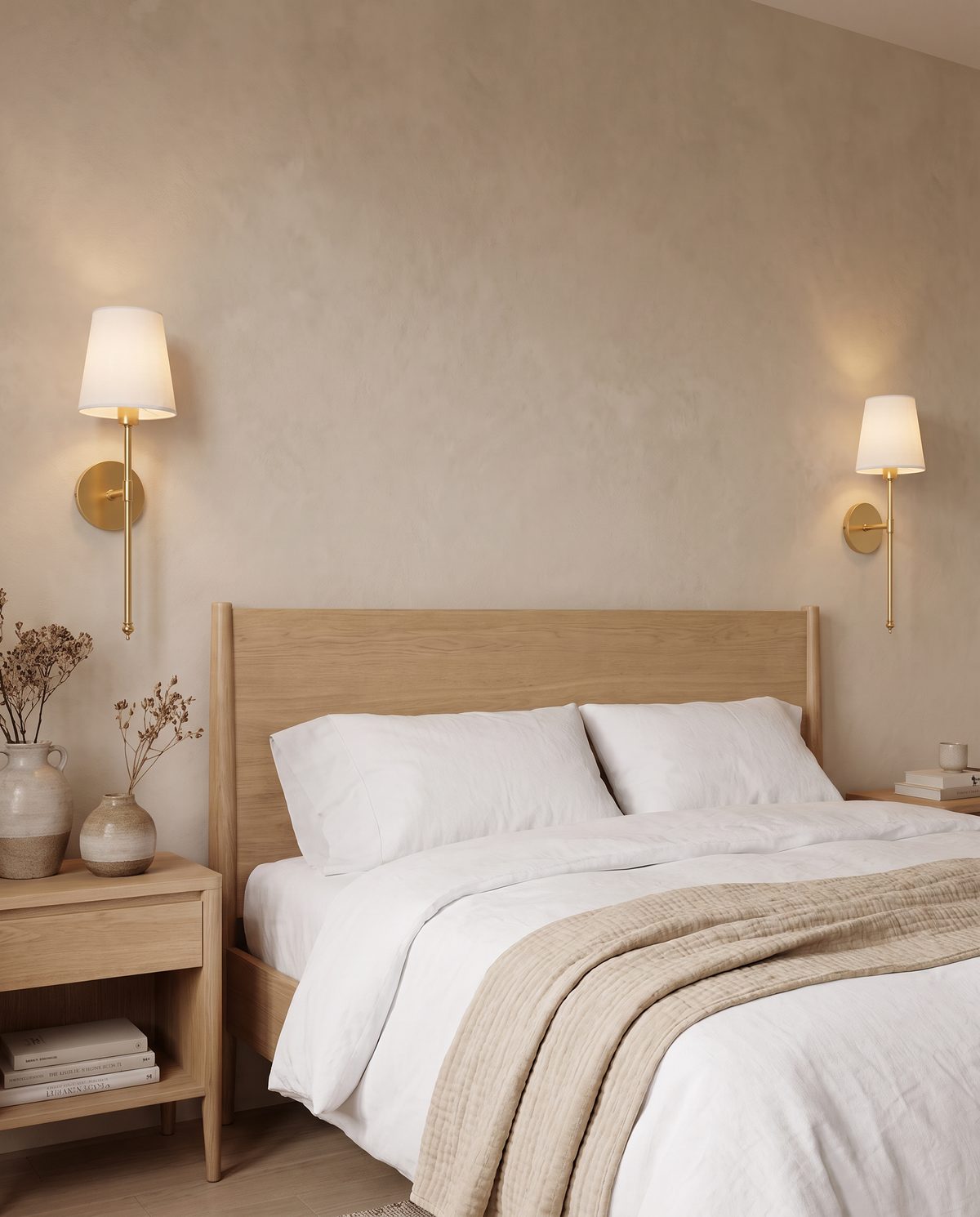 Wireless wall sconce beside a bed: Gold