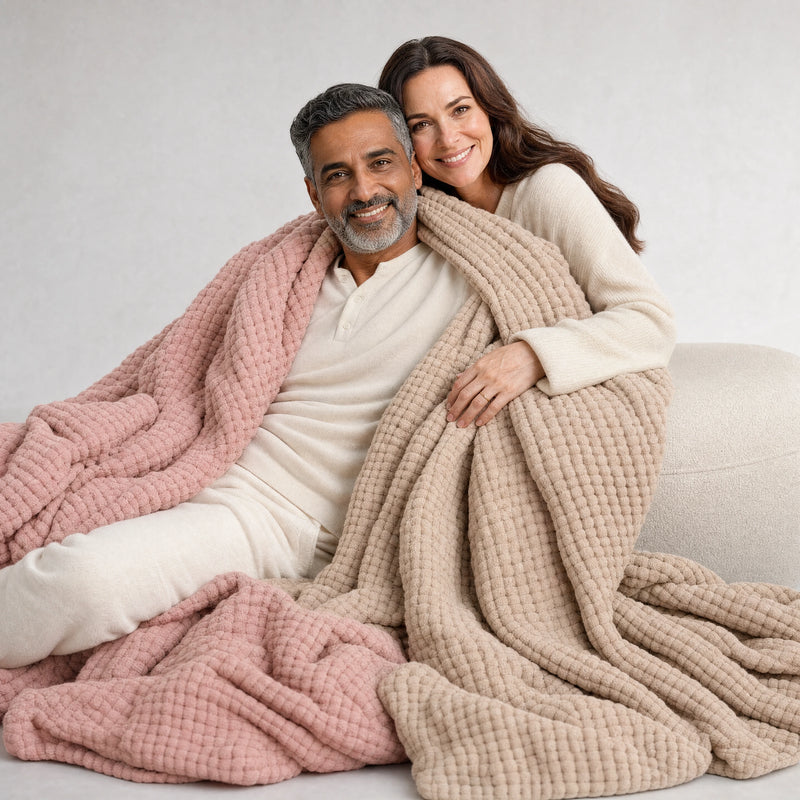 Couple wrapped in two Muslin Blankets, Pink and Dune