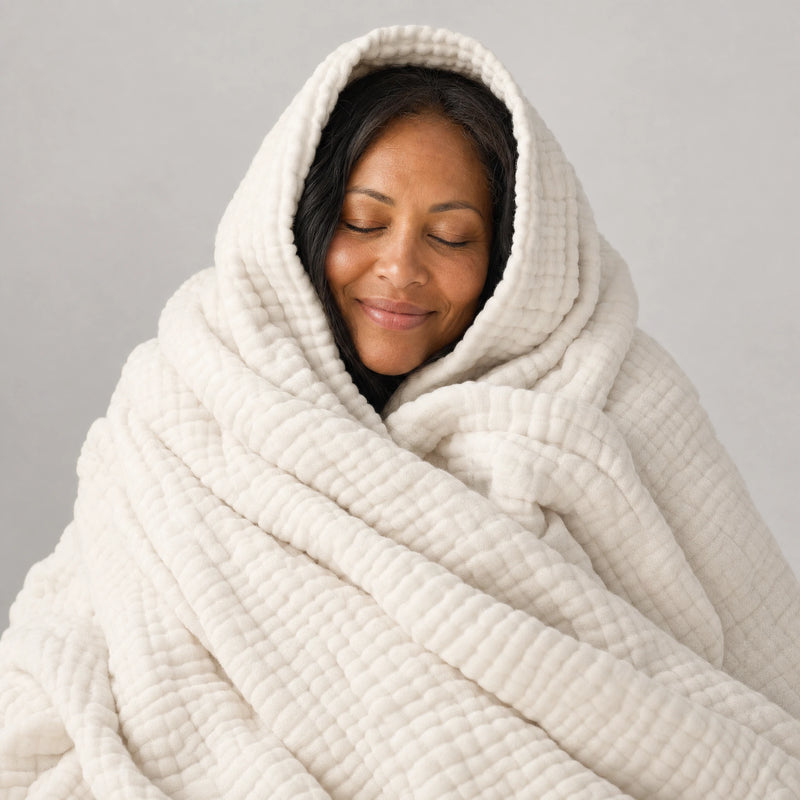 Woman wrapped head to toe in the Muslin Blanket in White