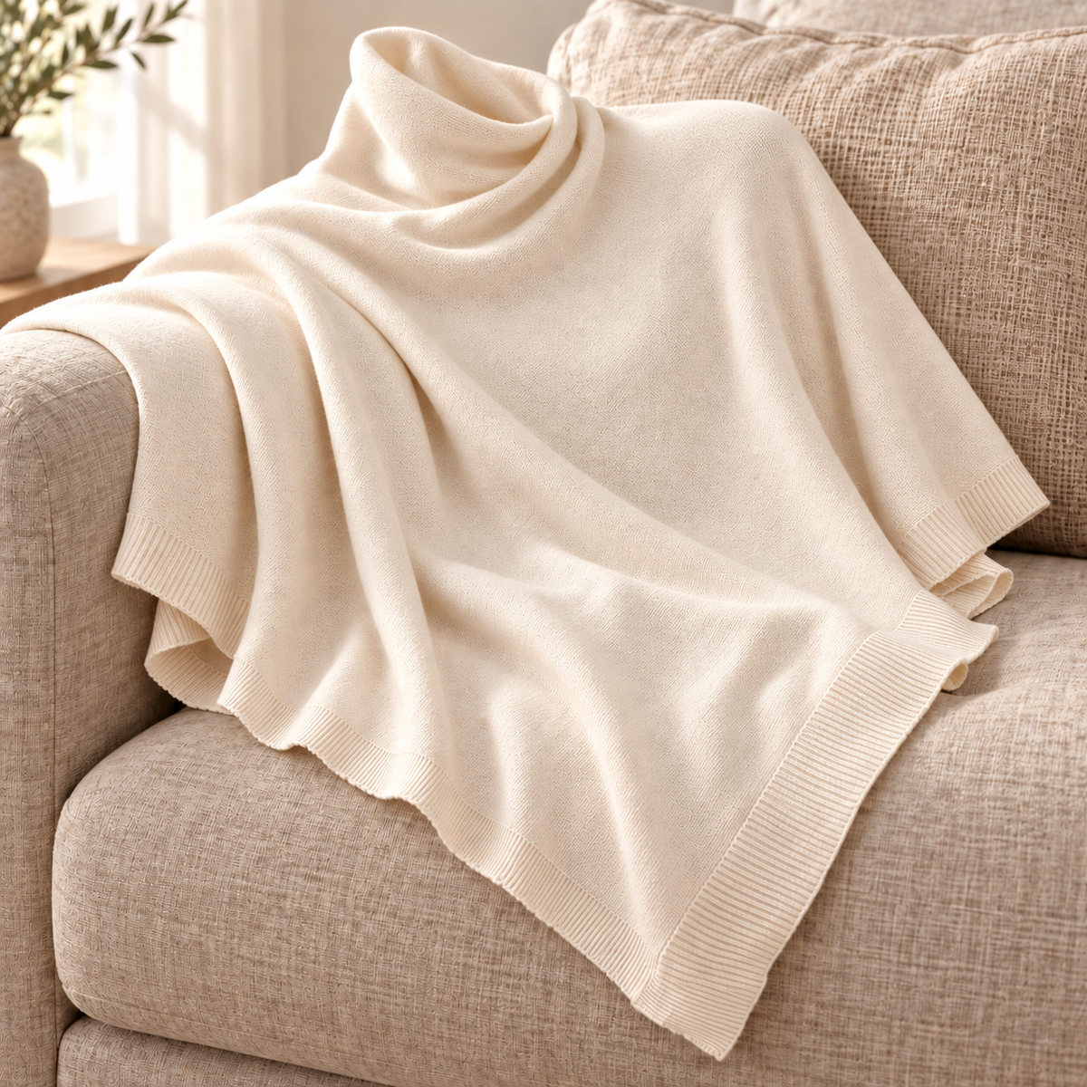 Apricot poncho neckline and ribbed hem draped over an oatmeal sofa