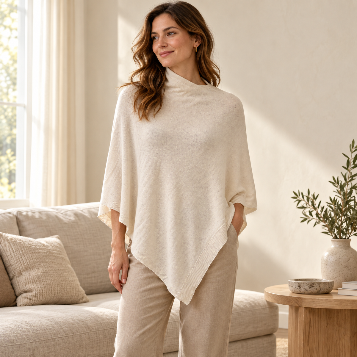 Apricot asymmetric knit poncho styled beside an oatmeal sofa