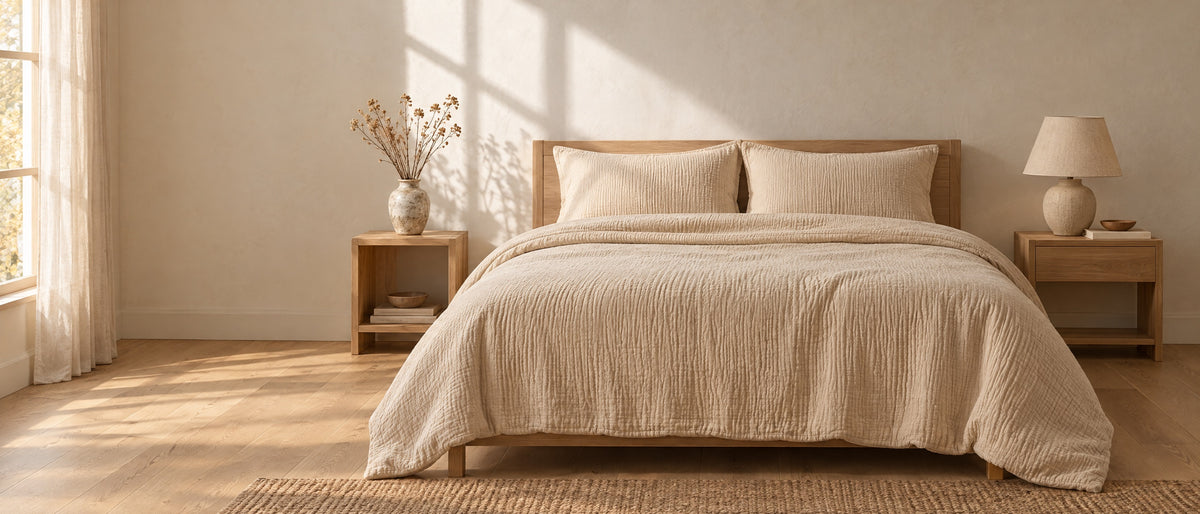 Muslin cotton bed set in a calm bedroom