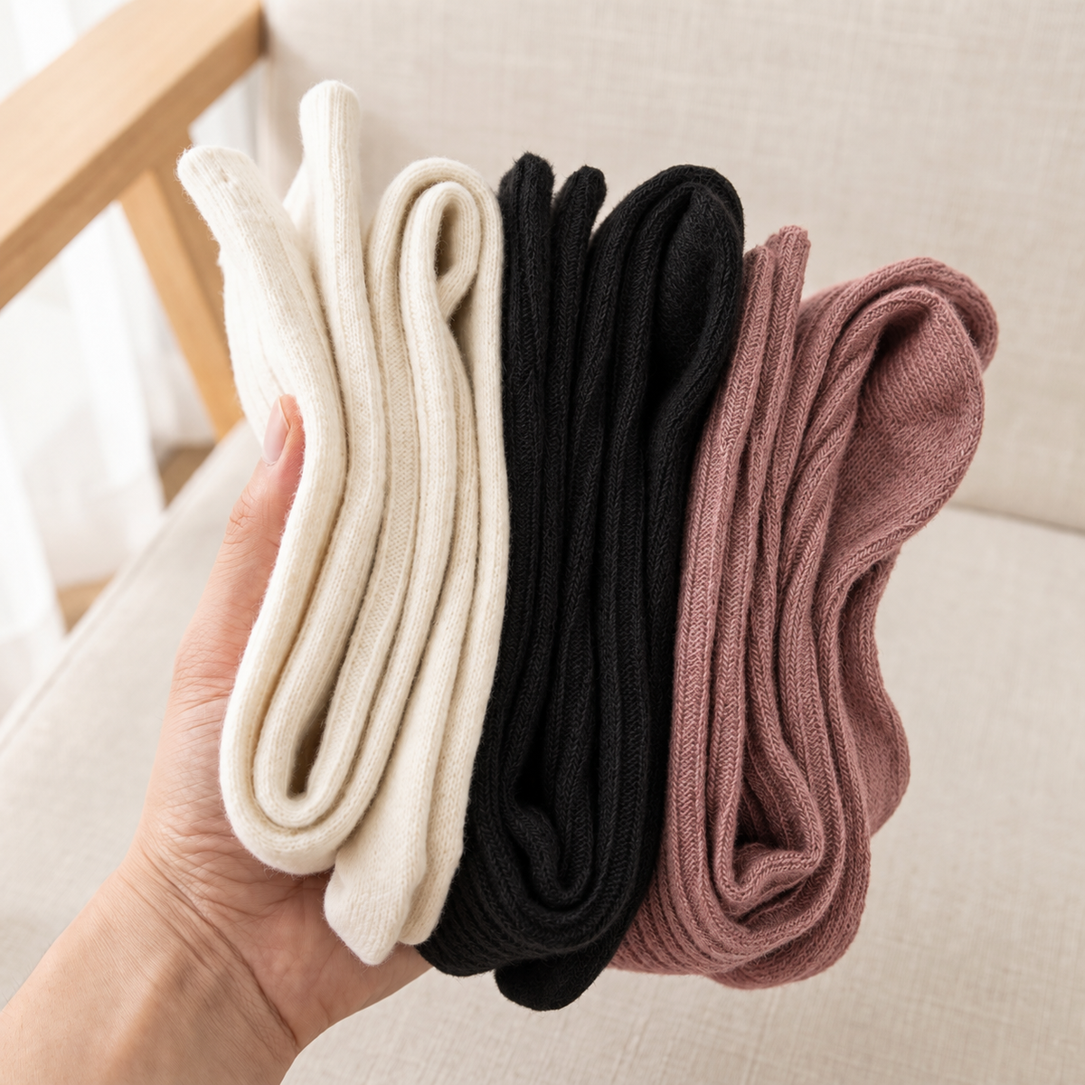 Close-up of folded Cream, Black and Dusty Rose ribbed socks, showing the fine vertical knit and smooth foot.