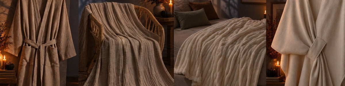 Muslin robe, muslin blanket draped over a wicker chair, plush fleece blanket on a bed and a cream shawl in a cozy candlelit room.